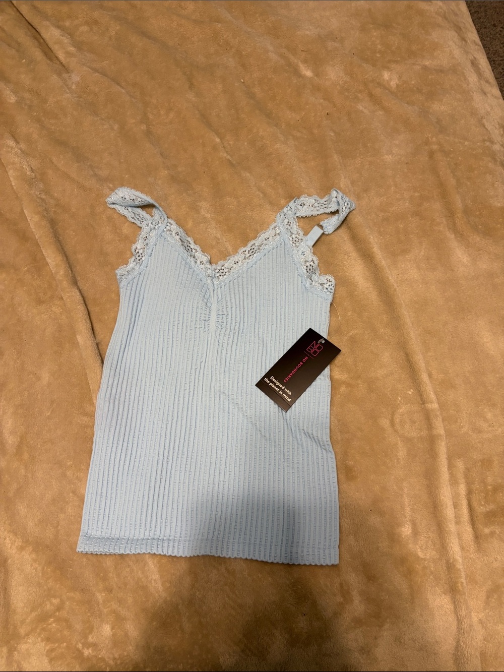 No Boundaries Light Blue Ribbed Lace-Trim Tank Top